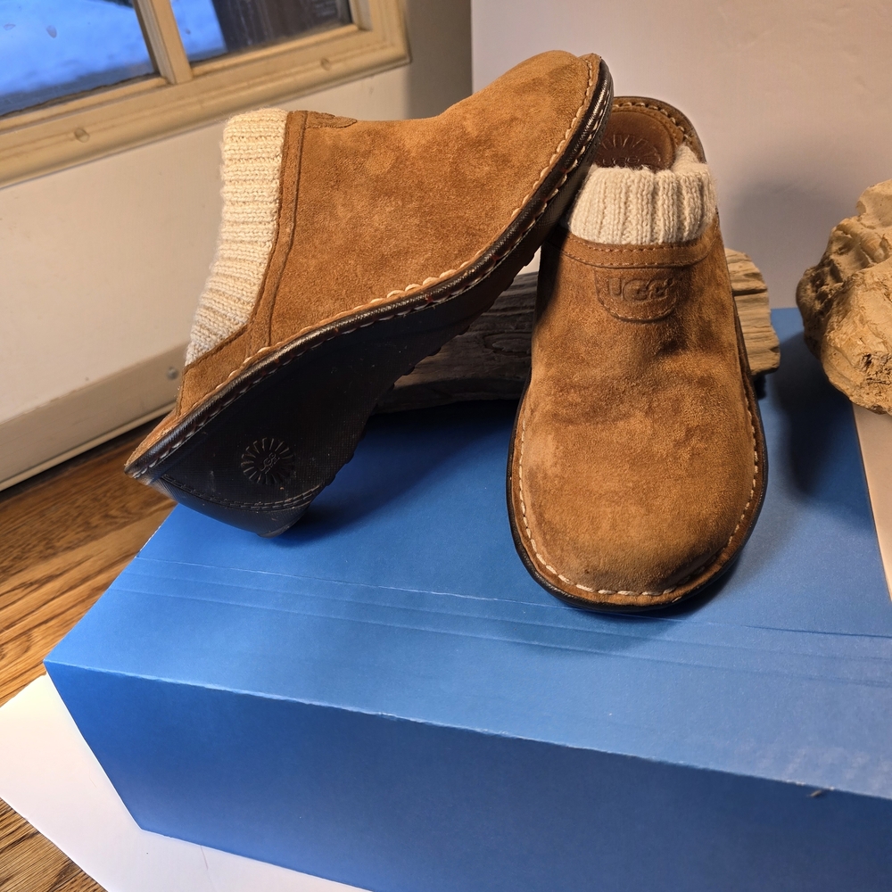 Women's UGG Gael Tan Suede Slip-On Wedge Clogs Shoes - Picture 4 of 7